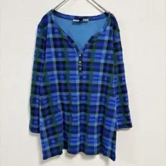 カレンスコット カットソー ヘンリーネック 長袖 チェック L 青 コットン