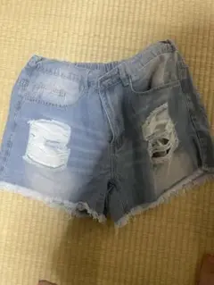 ダメージ加工 ライトブルー ショートパンツ 0XL