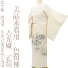 美品未着用 寿光織 正絹 着物“松や藤、御所車記憶を解く扇面”色留袖 P-82