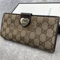 グッチ　二つ折り財布　GGキャンバス　ハートプレート　ロゴ総柄　レザー　極美品 グッチ 二つ折り財布 GGキャンバス ハートプレート ロゴ総柄 レザー 極