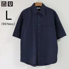 ユニクロU 　オーバーサイズチェックシャツ　5分袖　ネイビー　L