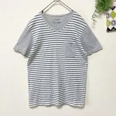 【グローバルワーク】 ボーダーtシャツ M 半袖 グレー Vネック キレカジ