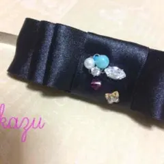 ハンドメイド・天然石と蝶のリボンバレッタ アマゾナイト ターコイズ　ビジュー