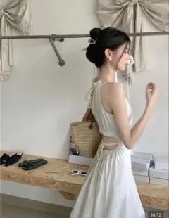 shein リゾートワンピース ホワイト キャミワンピース 背中カットアウト