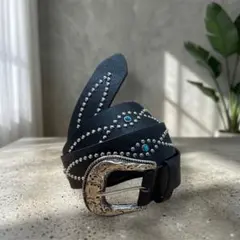 黒　ターコイズ 　スタッズウエスタンベルト　Y2K アメカジ グランジ　男女兼用