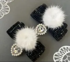 ファー付♡ハートツイードミニリボン　黒　ヘアクリップ 量産型　地雷　ゴスロリ
