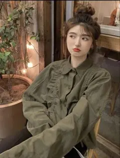 SHEIN ドローストリング シャツ カーキ アーミーグリーンのサムネイル