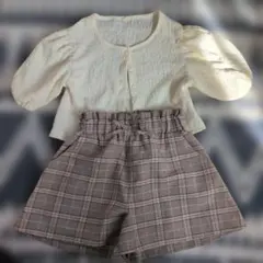 140サイズ アイボリー 半袖トップス チェック ハーフパンツ