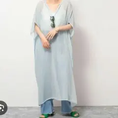 新品未使用 ノーリーズ 水色 ストライプ フレンチスリーブ ワンピース シアー