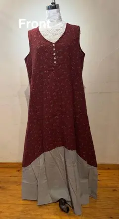 バーガンディ フラワープリント ノースリーブワンピース　ロングワンピース