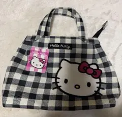 ハローキティ　ギンガム　チェック　バッグ　トート　ユーロ　白黒　新品