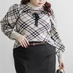 CLETTE オリジナルリボン使いチェック柄ニット アイボリー