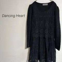 2324 総レースチュニック　ビーズ装飾　裏起毛　ブラック【ダンシングハート】