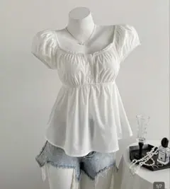 SHEIN 女性用夏無地スクエアネック★ 4.75（2k＋）半袖プリーツブラウスのサムネイル