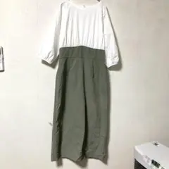 RAMIRAL ホワイト・カーキ 切り替え長袖ワンピース　38 M相当