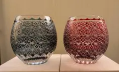 新品　切子カットガラスの青赤球形グラス ペア 菊つなぎ 桐箱入り