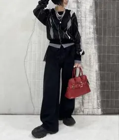 新品タグ付き　ジーナシス　12GレイヤードアーガイルVカーディガン　　ブラック