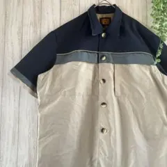 【S】ビンテージ風 配色 ワークシャツ ネイビー ベージュ