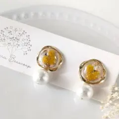 採りたてミモザとコットンパールのピアス　イヤリング