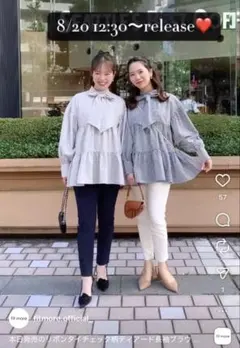 リボンタイチェック柄ティアード長袖ブラウス