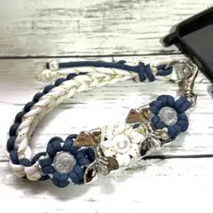 ハンドメイド　パラコード　ハンドストラップ　ストラップ　花　リボン　ネイビー