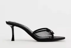 新品未使用　黒　リボン付きメッシュミュールサンダル