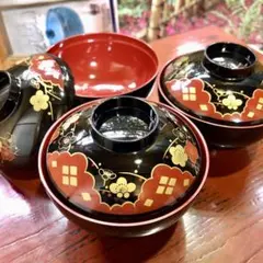 漆器黒内朱 蓋付き椀3個セットお吸い物懐石黒地朱塗り赤金花模様和食器JAPAN