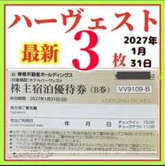 東急不動産株主様　ご宿泊優待券　3枚　東急ハーヴェストクラブ◉ホテルハーベストpのサムネイル