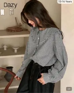 シーイン　レディース チェック柄 ピーターパン襟 ランタンスリーブ 長袖