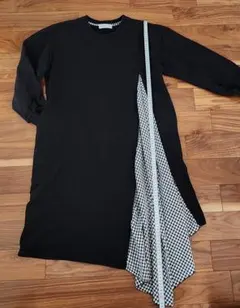 ロングワンピース 長袖 LLサイズ フロント異素材 白黒チェックデザイン