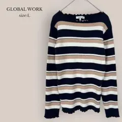 GLOBAL WORK ボーダーリブセーター　ラウンドネック　フリル