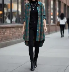 【新品】チェック柄 ネルシャツ ロングシャツ チュニック 羽織り グリーン系 L