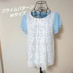 PRIME PATTERN レース リボン 半袖 ブラウス ブルー