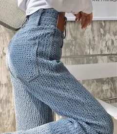 ハイウエスト ストレート パンツ デニム ツイード風