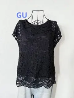 GU 下地付き総レースデザイントップス　ブラック　M