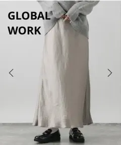 GLOBAL WORK シャイニーサテンAラインスカート アッシュグレー