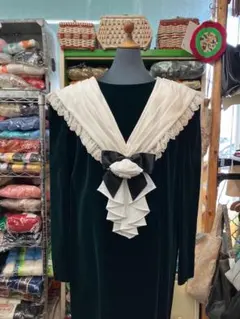 ビンテージ 深緑 ベロア ワンピース 古着 昭和レトロ 1970‘s