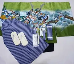 七五三 五歳 男児 羽織袴フルセット 緑地 兜 縞袴 袴変更可能 NO37390