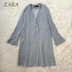 ZARA リネン ロング カーディガン ボタン付き 長袖 ブルー