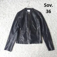【ソブ】Sov.　合皮レザージャケット　ライダース　ノーカラー　ブラック　36