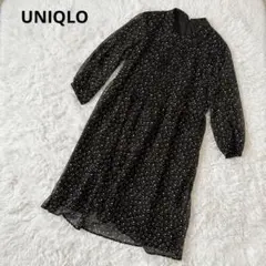 ユニクロ 極美品 プリントUwネックフレアワンピース 花柄 黒 L 長袖