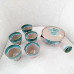 【美品】急須＆湯呑5点　エメラルドグリーン　陶器 上品 模様が可愛い