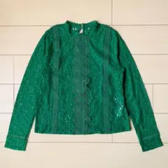 美品20AW定価1.3万　レイビームス　レーススタンドカラーブラウス　緑