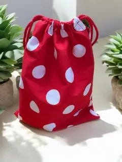かわいい赤×白ドットの巾着袋　コップ袋