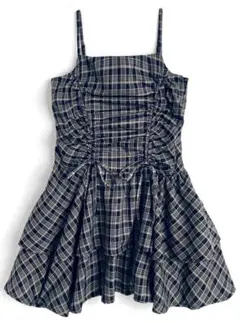 GRL dk1357 チェック柄ドロストリボンミニワンピース ネイビー Sサイズ