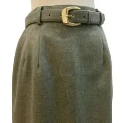 ベルト付きタイトスカート 膝丈 ウール 日本製 大人上品 カーキ系 配色
