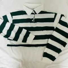 クロップド長袖ポロシャツ 緑と白ストライプ