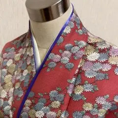 ❤️型染め芝草花文様　縮緬　着物上級者トールサイズ　新品保管仕付け付き　着物のみ。 振袖レンタル 振袖Sサイズ 絞り 辻ヶ花染め風 七宝に草花文様 赤