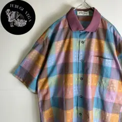 【デザインシャツ】総柄　タイル柄　半袖　襟　Ｍ　日本製　古着
