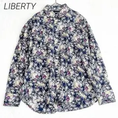 リバティ　コットン100% 花柄シャツ　長袖　紺　M 綿　総柄　プリント　レトロのサムネイル